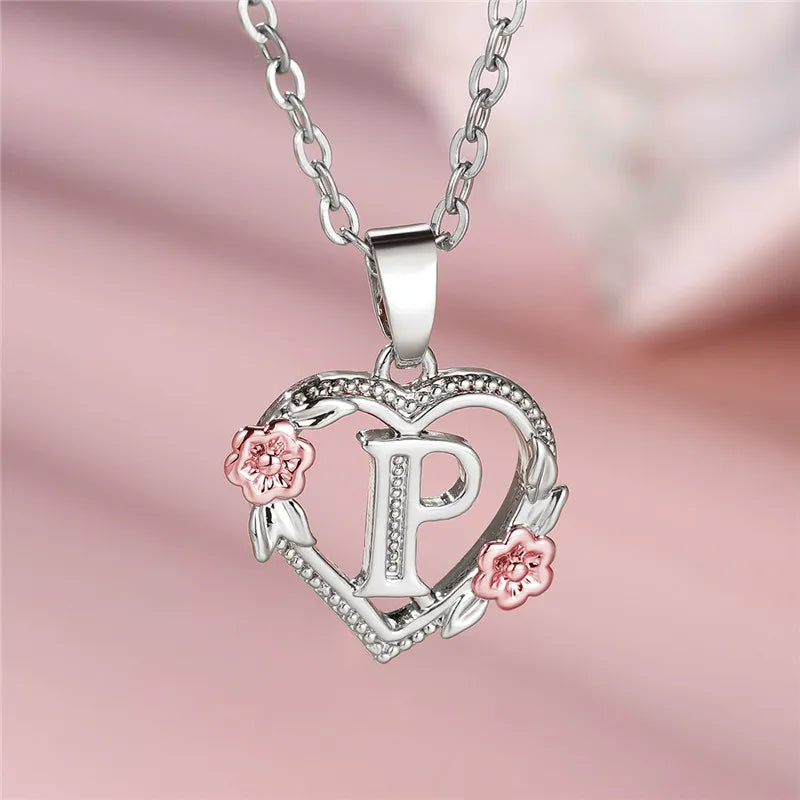 Charming Silver A-Z Letter Flower Pendant Necklace for Women P