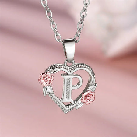 Charming Silver A-Z Letter Flower Pendant Necklace for Women P