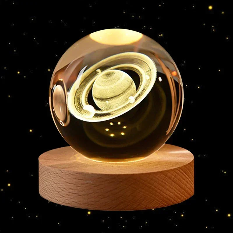 6cm 3D Crystal Ball &ndash; Wooden Base And Planet Earth Display SATURN