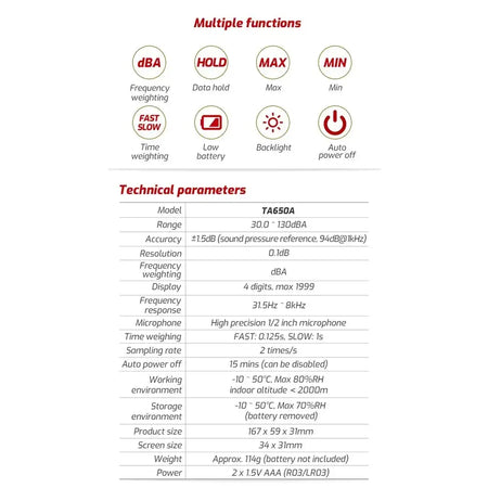 TA650A Digital Sound Level Meter 30-130 dB Portable