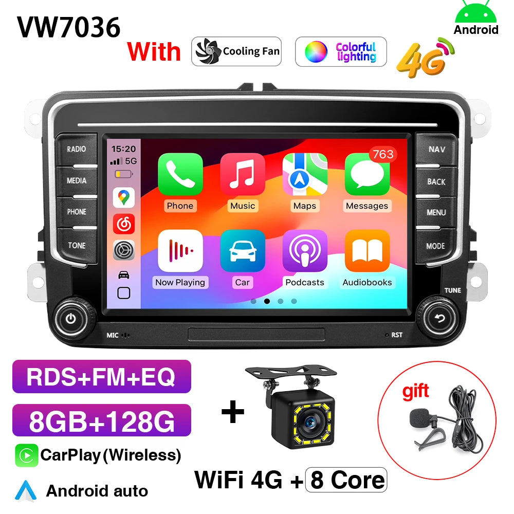 7Inch Car Radio CarPlay Android Auto &ndash; 4Core 4+64GB VW7036 12LED