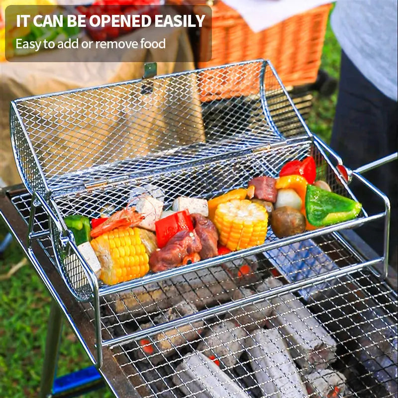 Stainless Steel Rolling BBQ Grill Basket &ndash; Versatile Rotisserie Tool