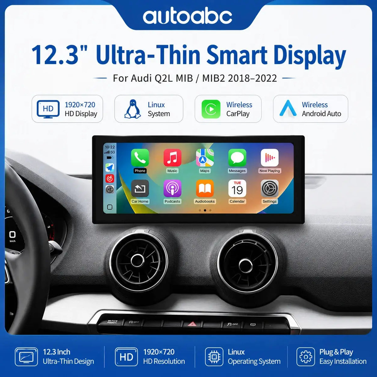 Wireless CarPlay 12.3" Ultra-Thin Linux Touch Screen for Audi Q2L 2018-2022 HD Multimedia Display GPS Navigation Mirror Link BT by InterCyprus Trading Ltd