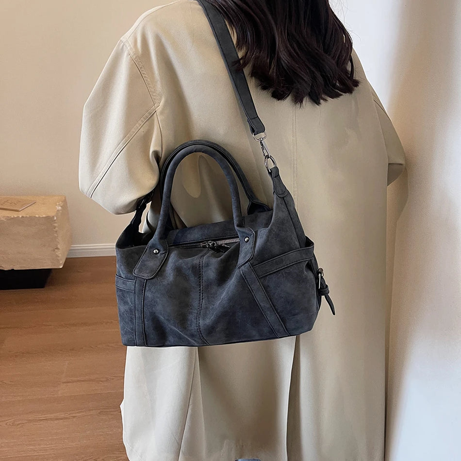 Retro Winter Faux Suede Shoulder Bag For Women, Vintage Crossbody Tote With Multiple Interior Pockets