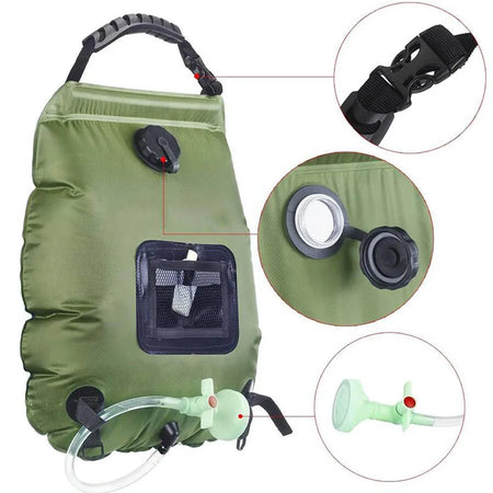 Solar Shower Bag 20L Outdoor Camping - Heats to 45&deg;C, Includes Hose &amp; Shower Head