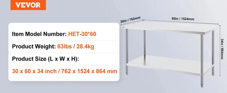 Heavy Duty Prep Table Stainless Steel With Adjustable Height 30x60 / Poland