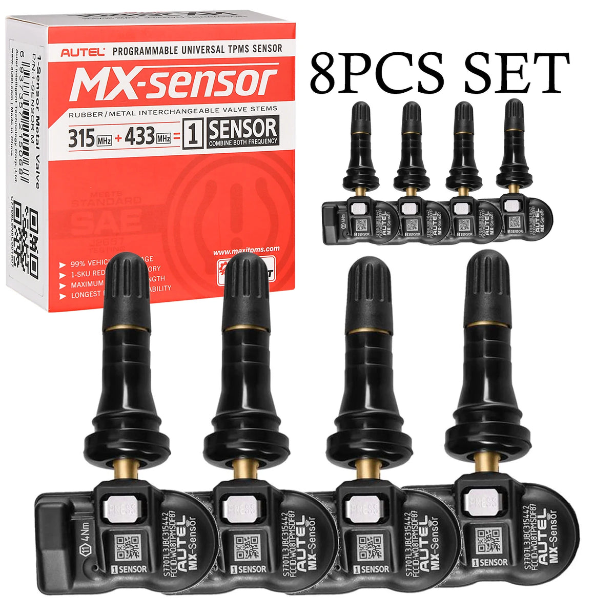 Autel TPMS MX Sensor 315MHz 433MHz - Cloneable Programming 8pcs Rubber Valve / UNITED KINGDOM