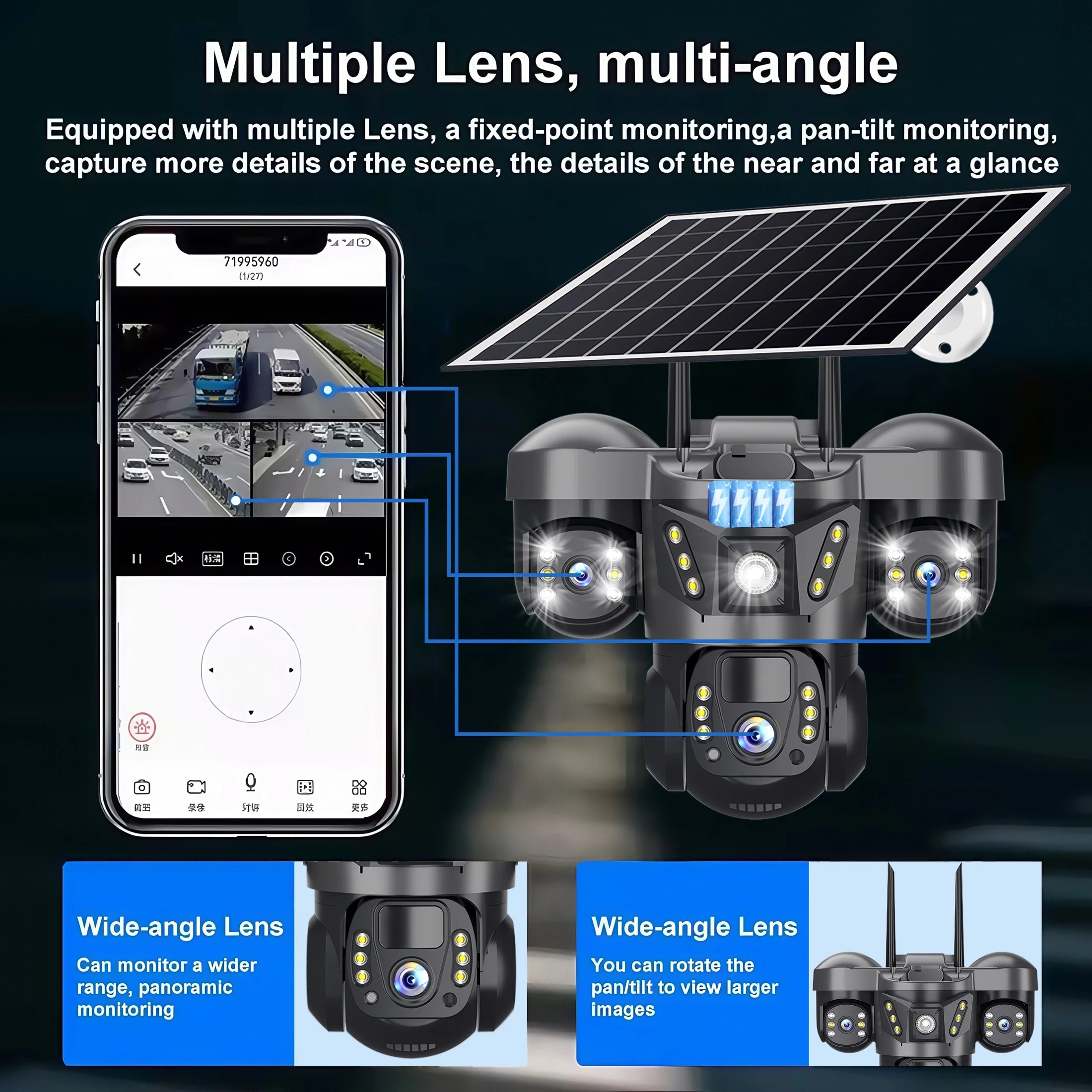 V380 Pro 15MP WIFI IP Solar Camera Three Lens Audio Outdoor IP66 Waterproof Built-in Battery HD Security CCTV 4G Network Camera