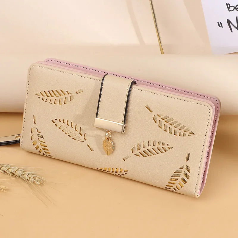 Ladies' PU Leather Hollow Leaves Long Zipper Wallet Khaki / CHINA