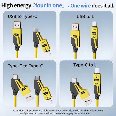 65W 4 in 1 Spring Telescopic USB-C Quick Charger Cable for iPhone, iPad, MacBook