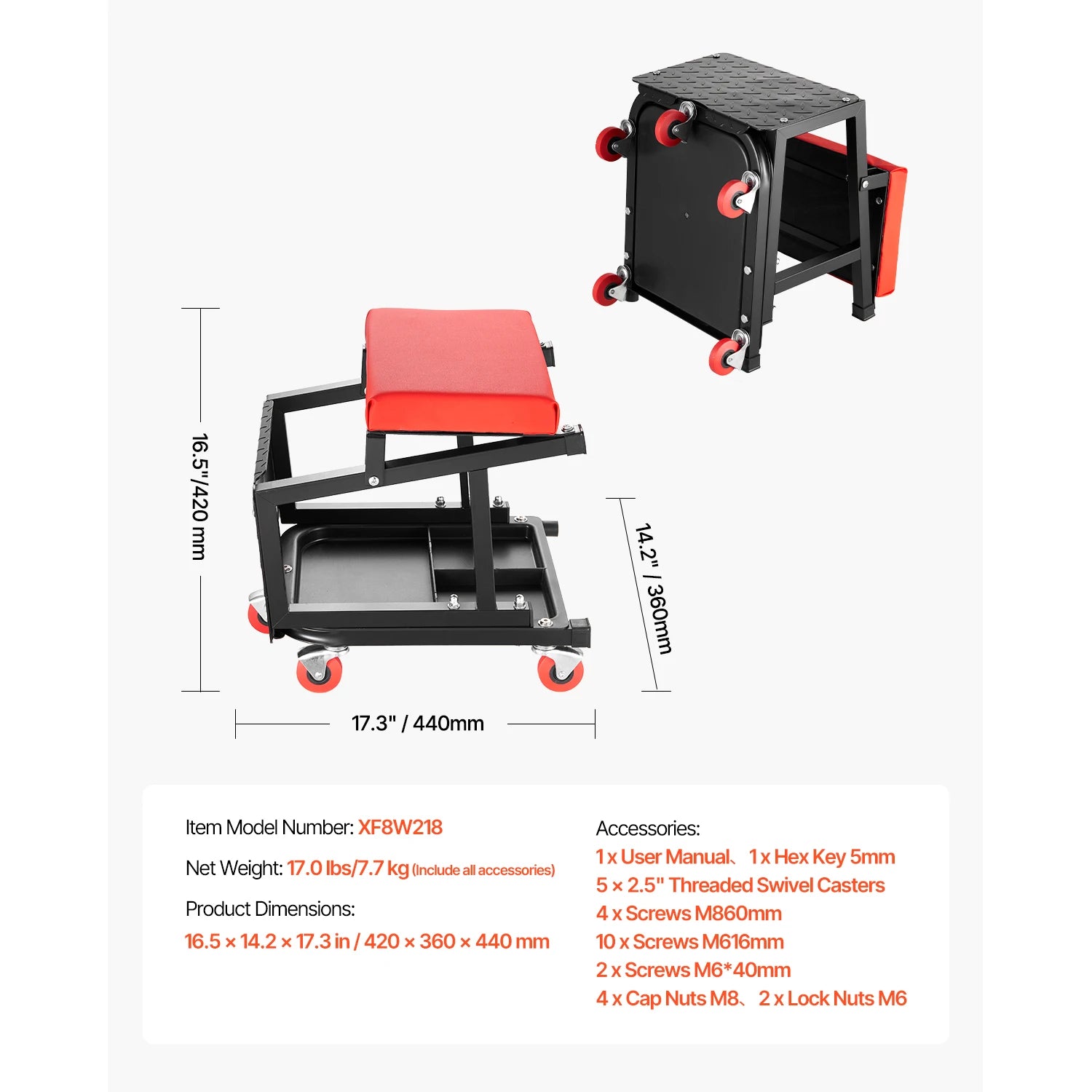 SucceBuy Mechanic Stool 300lbs &ndash; 360 Degree Swivel Red and Black / Poland