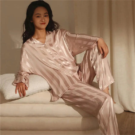 Women's Summer Striped Pajama Set - Silk Satin Long Sleeve Top &amp; Trousers Pink Striped / XXXL