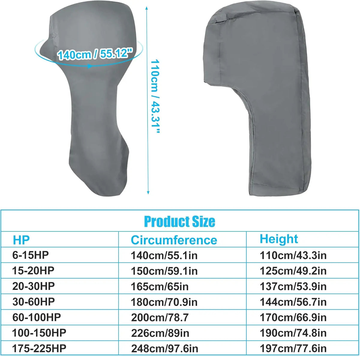 Universal Grey Waterproof Outboard Motor Cover for 6-225HP Engines