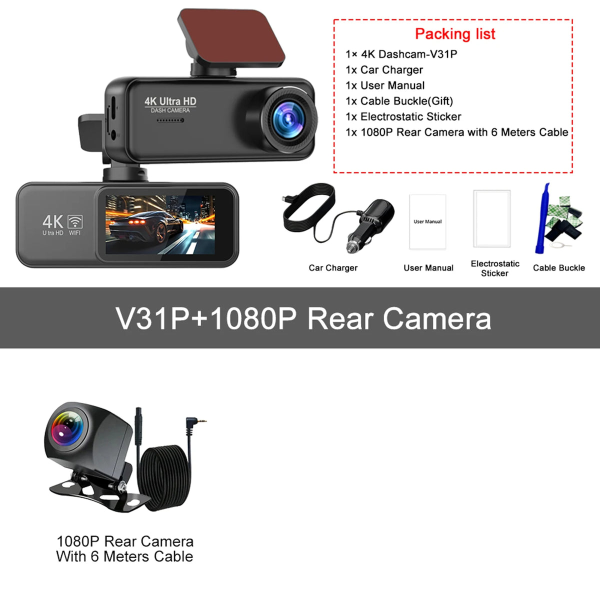 Kocam 4K Dash Cam Front and Rear &ndash; Dual Channel Night Vision Recording