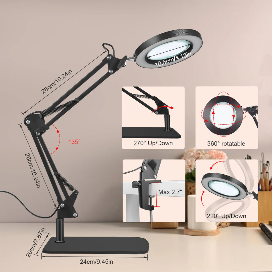 10X suurentava LED-pöytälamppu, jossa on puristusteline ja kääntyvä varsi