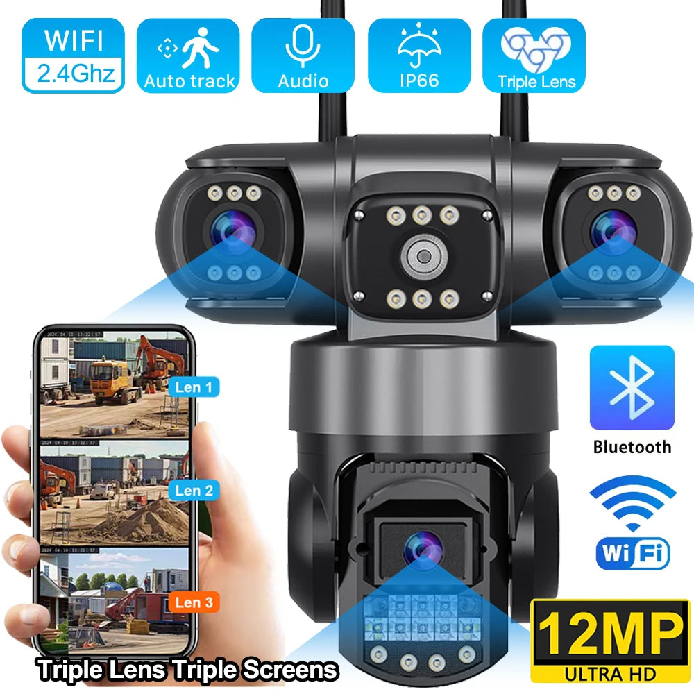 Ultra HD V380 Pro 6K Outdoor WiFi IP Camera with 12MP Triple Lenses, Night Vision &amp; IP66 Waterproof Security Surveillance