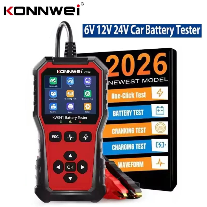 Диагностический инструмент для автомобильных аккумуляторов KONNWEI KW341 6V 12V 24V, печать данных о неисправностях