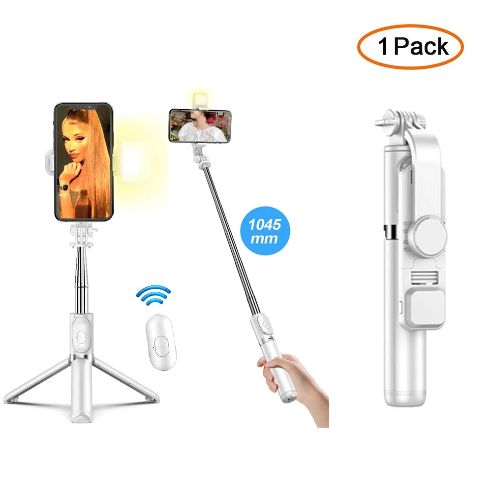 T-WOLF Wireless Bluetooth Selfie Stick Tripod with Fill Light &amp; Remote for Smartphones Q02S Led white
