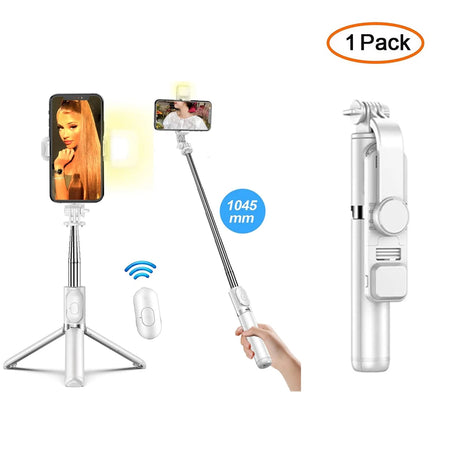 T-WOLF Wireless Bluetooth Selfie Stick Tripod with Fill Light &amp; Remote for Smartphones Q02S Led white