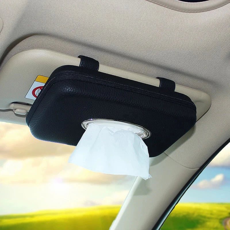 Caja de pañuelos para coche con soporte para visera solar de cuero PU con grano de lichi