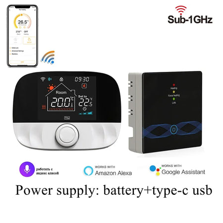 Wireless Thermostat For Gas Boiler Tuya RF433 &ndash; Alexa Ready Black T9W Set / Wireless