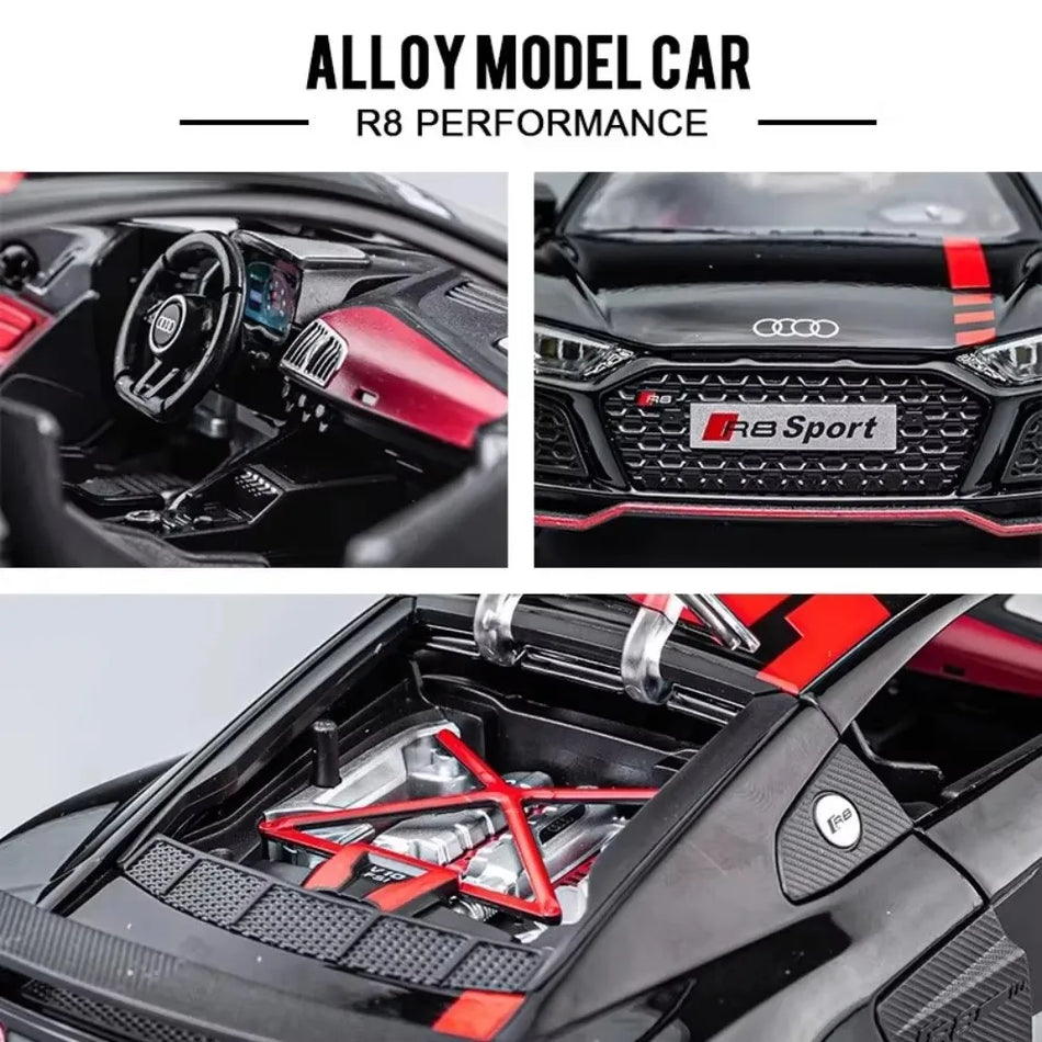 Avtomobil na daljinsko vodenje R8 V10 A8 v merilu 1:24 iz zlitine s funkcijo povlečenja, zvokom in lučmi.