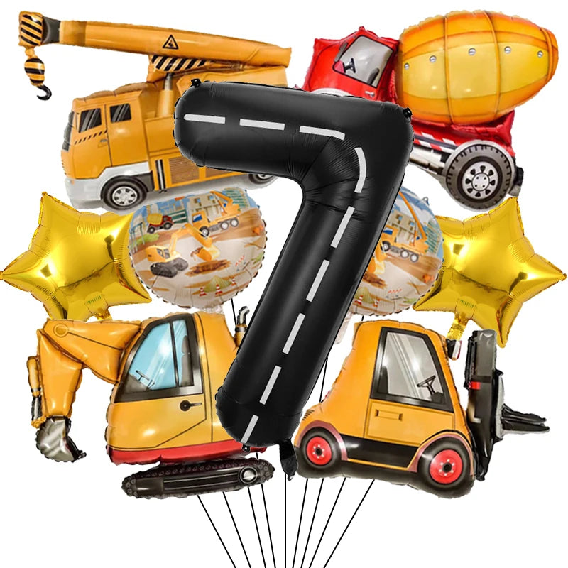 9Pcs/1Set Construction Vehicle Aluminum Film Balloon Excavator Crane 1-9 Digital Balloons Boys Birthday Party Decor Balloons Number7 set / Other