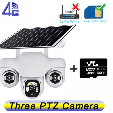V380 Pro 15MP Solar Camera Triple Lens Triple PTZ Camera Two-Way Audio Outdoor Built-in Battery Security CCTV HD 4G IP Camera 4G Cam Add 64G Card