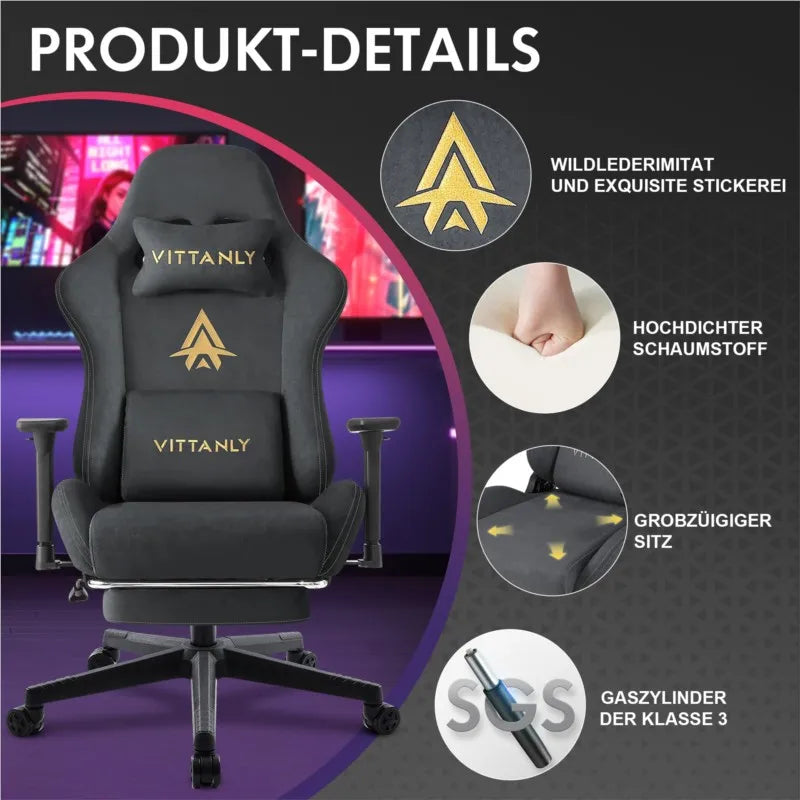Kitinjoy Suede Ergonomisk Gaming Stol Høj Ryg Fodstøtte