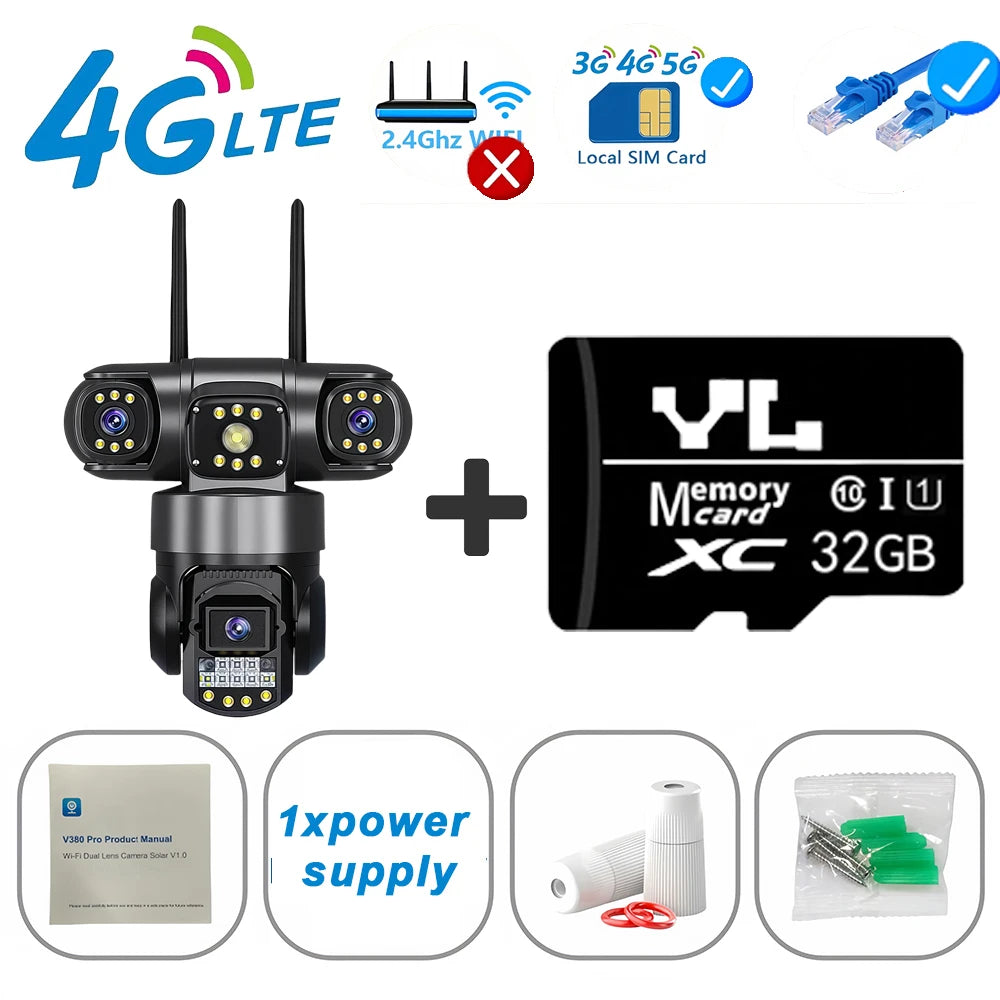 15MP 4G SIM Surveillance Camera Triple-Lens Triple Screens IP66 Outdoor HD Night Vision Outdoor WiFi IP Security Camera V380 Pro 4G Cam 32G Card / US Plug