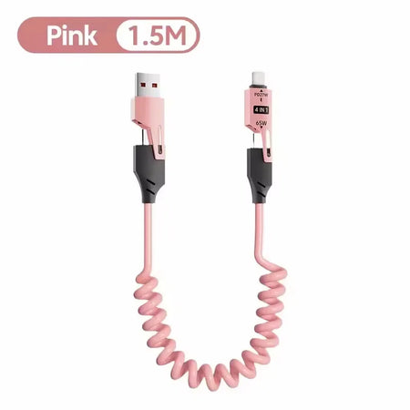 65W 4 in 1 Spring Telescopic USB-C Quick Charger Cable for iPhone, iPad, MacBook Pink