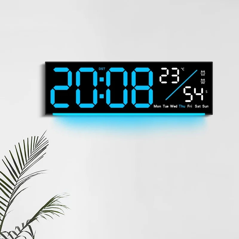 Grande orologio digitale da parete con oscuramento automatico, temperatura, data e doppio allarme