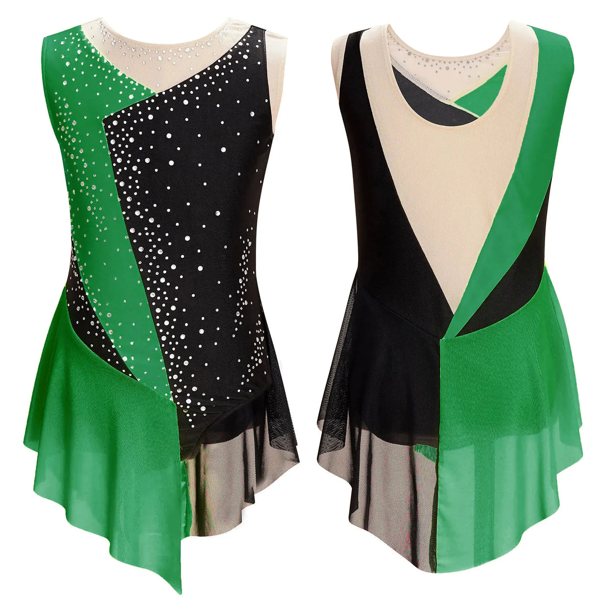 Girls Figure Ice Skating Dress &ndash; Color Block Rhinestone Design Green / 16