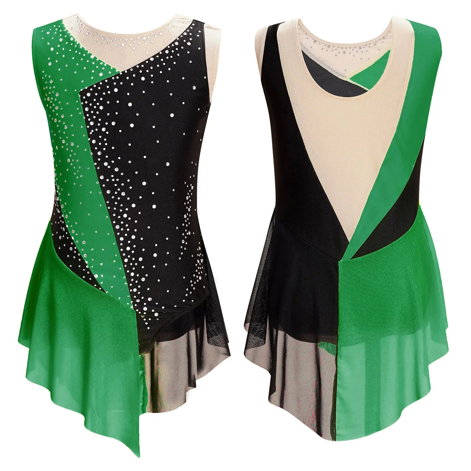 Girls Figure Ice Skating Dress &ndash; Color Block Rhinestone Design Green / 16