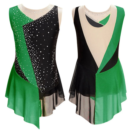 Girls Figure Ice Skating Dress &ndash; Color Block Rhinestone Design Green / 16