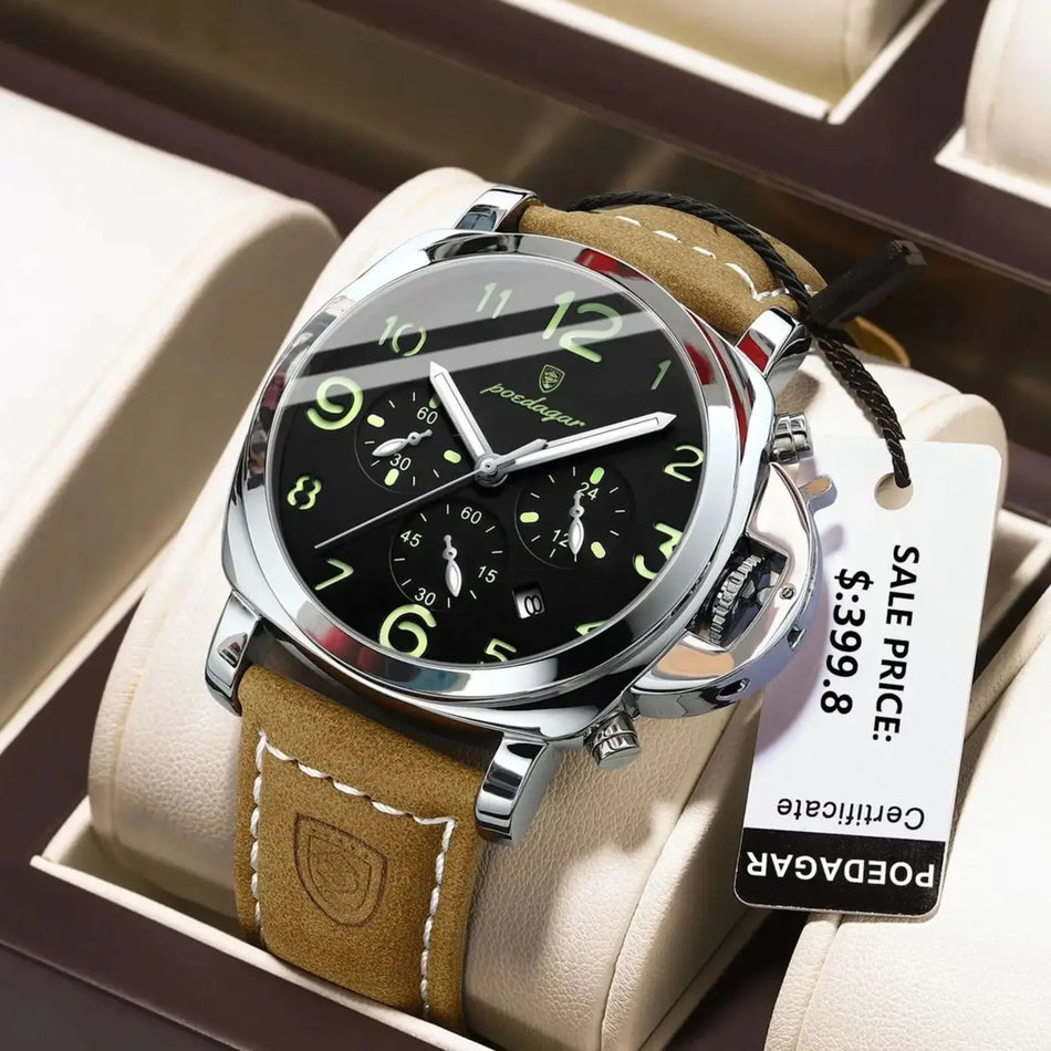 Luxury Military Watch for Men, Waterproof, Luminous Leather Strap, Quartz