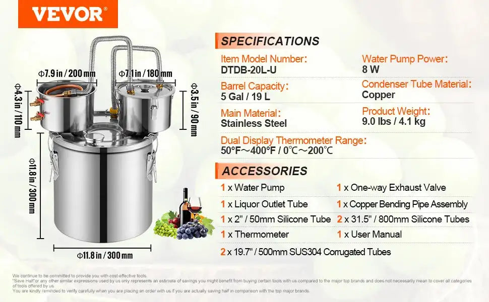 Stainless Steel Alcohol Distiller Kit Dual Condenser DTDB-20L-U / United States