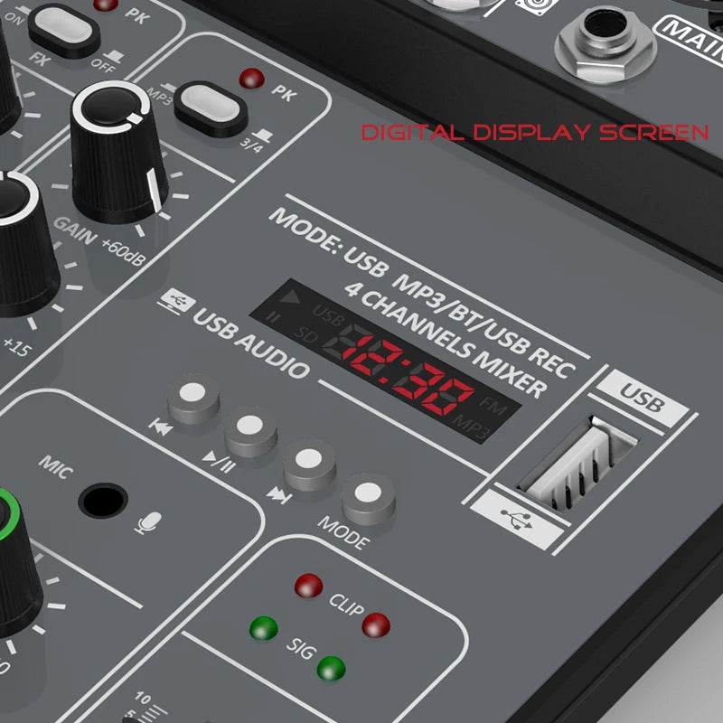 4 Channel Audio Mixer 48V Phantom USB - Bluetooth Enabled