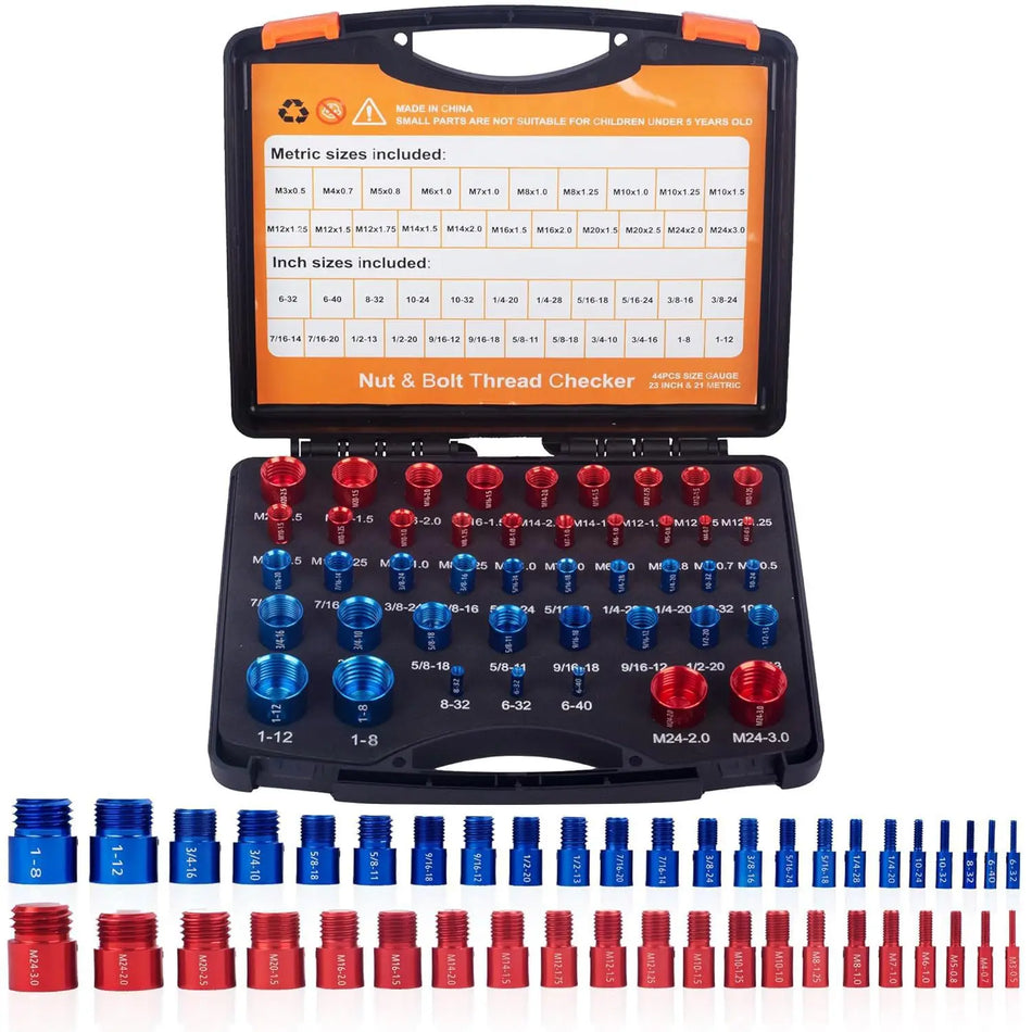 44Pcs Nut and Bolt Thread Gauge Set, Metric and SAE, Carbon Steel, Case Included