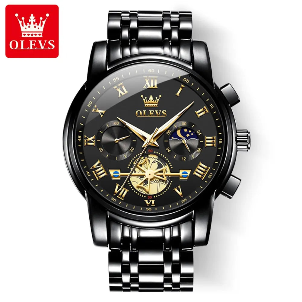 OLEVS Classic Roman Dial Quartz Watch with Luminous Chronograph and Waterproof Design No / All black