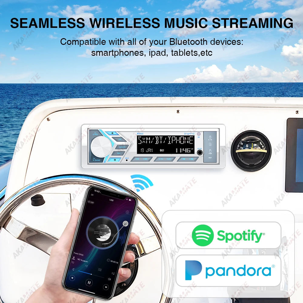 AKAMATE 1Din Boat Radio - Bluetooth USB AUX Marine Stereo