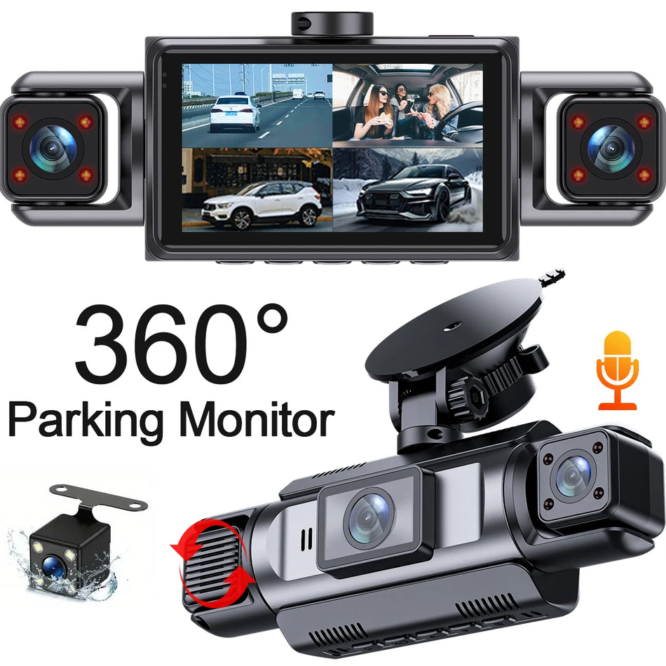 DashCam Avto DVR Video Rekorder z 4 Kanali in 360 WiFi, Sprednja Notranja Rotacijska Zadaj Kamera, 24h Parkirni Monitor