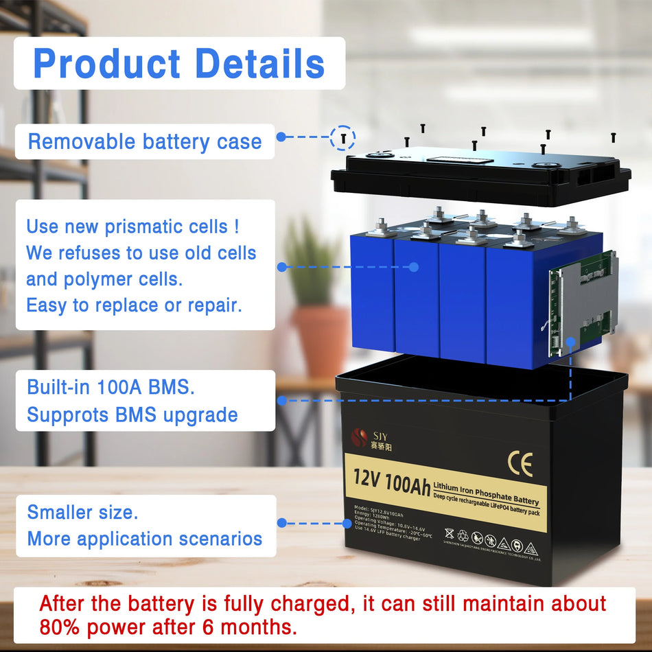 SJY C043 12.8V LiFePO4 Akku Paketti 100Ah matkailuautoille, veneille, aurinkovarastoon, golfkärryille, 1280Wh