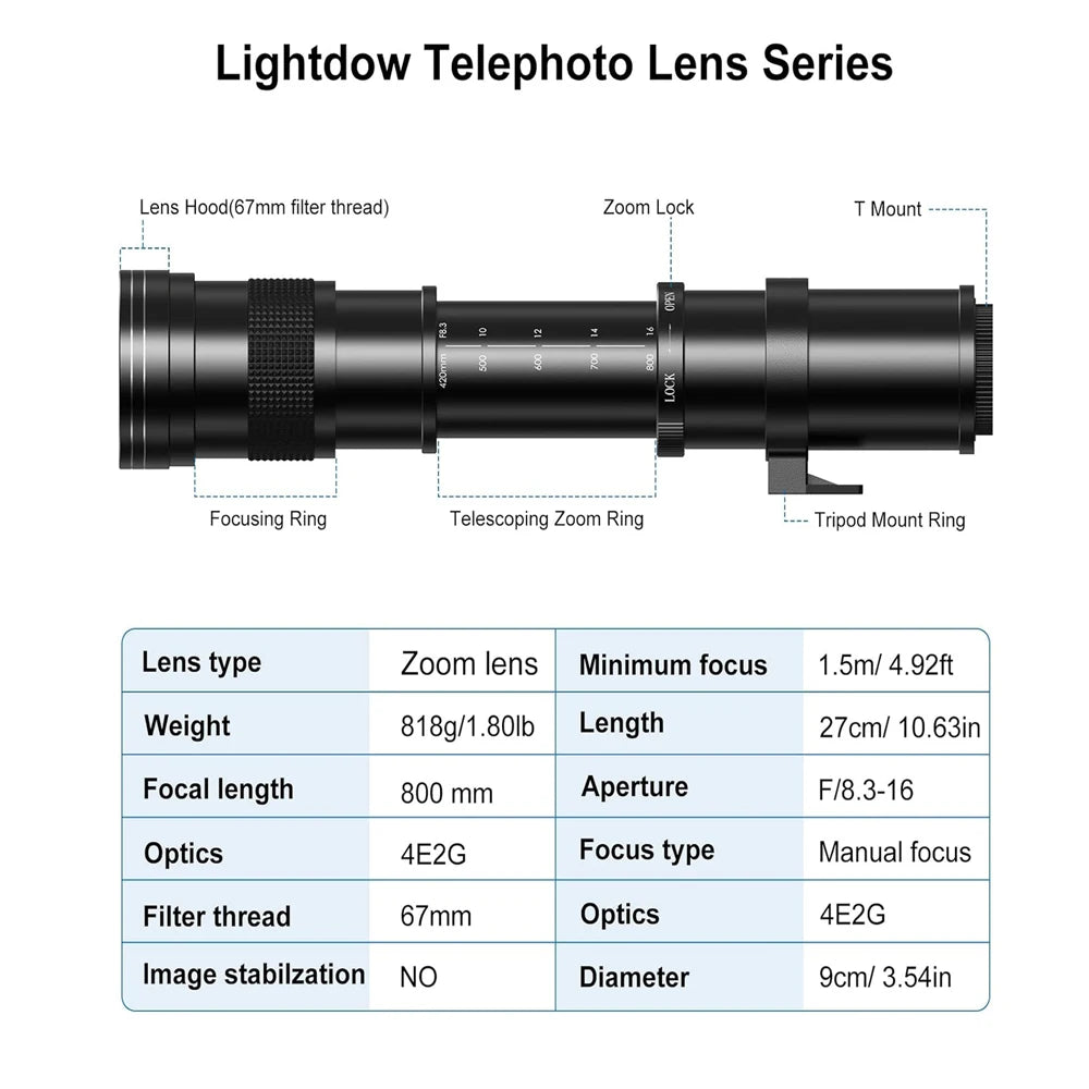 Lightdow Telephoto Lens 420-800mm f 8.3 &ndash; Super Telephoto Zoom for DSLR Cameras
