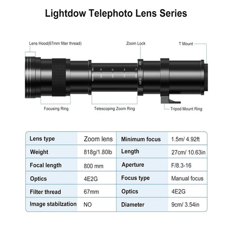 Lightdow Telephoto Lens 420-800mm f 8.3 &ndash; Super Telephoto Zoom for DSLR Cameras