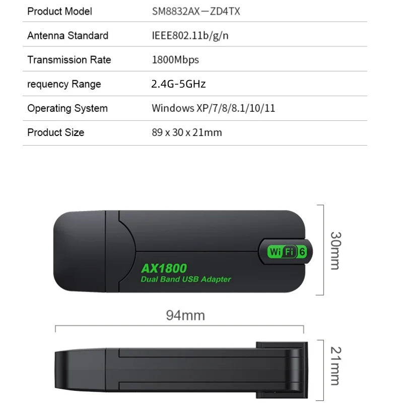 WiFi 6 USB adapteris 1800Mbps divjoslu 2.4G un 5GHz, bez draiveriem