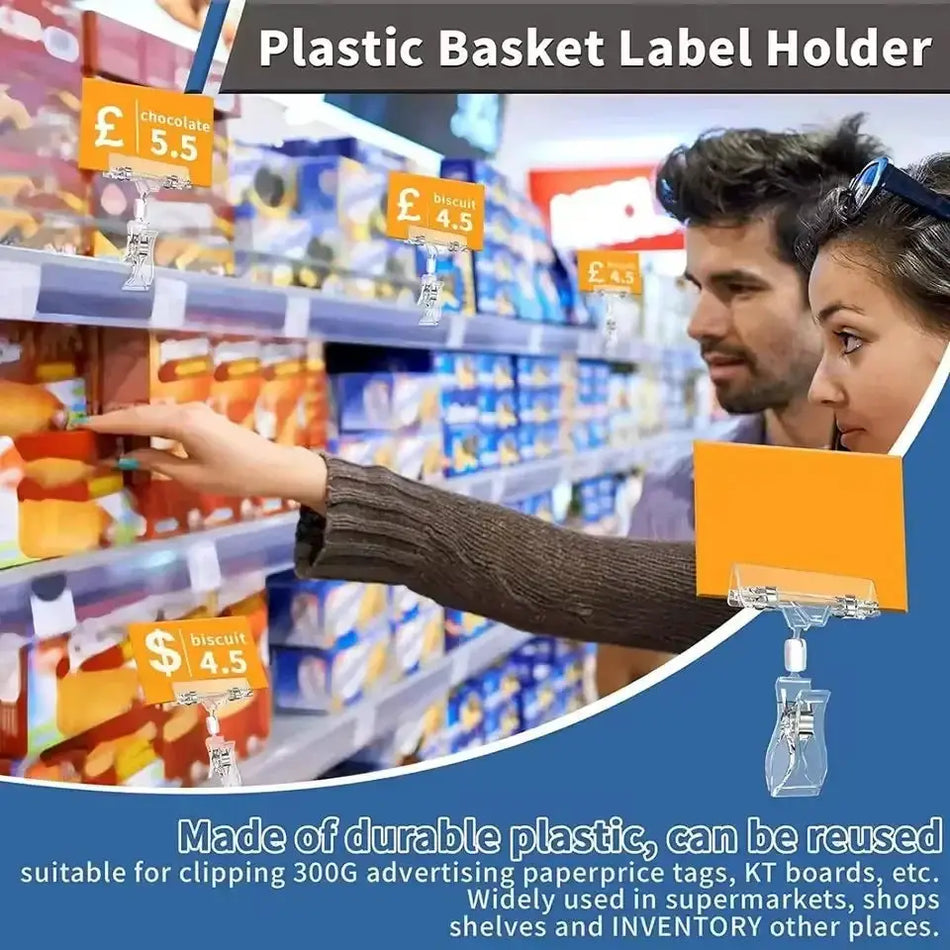 10/5X Double Sided Sign Clip Clear Merchandise Sign Clip Rotatable Price Display Rack Label Clips Sign Holder Shelf Swivel Price by InterCyprus Trading Ltd