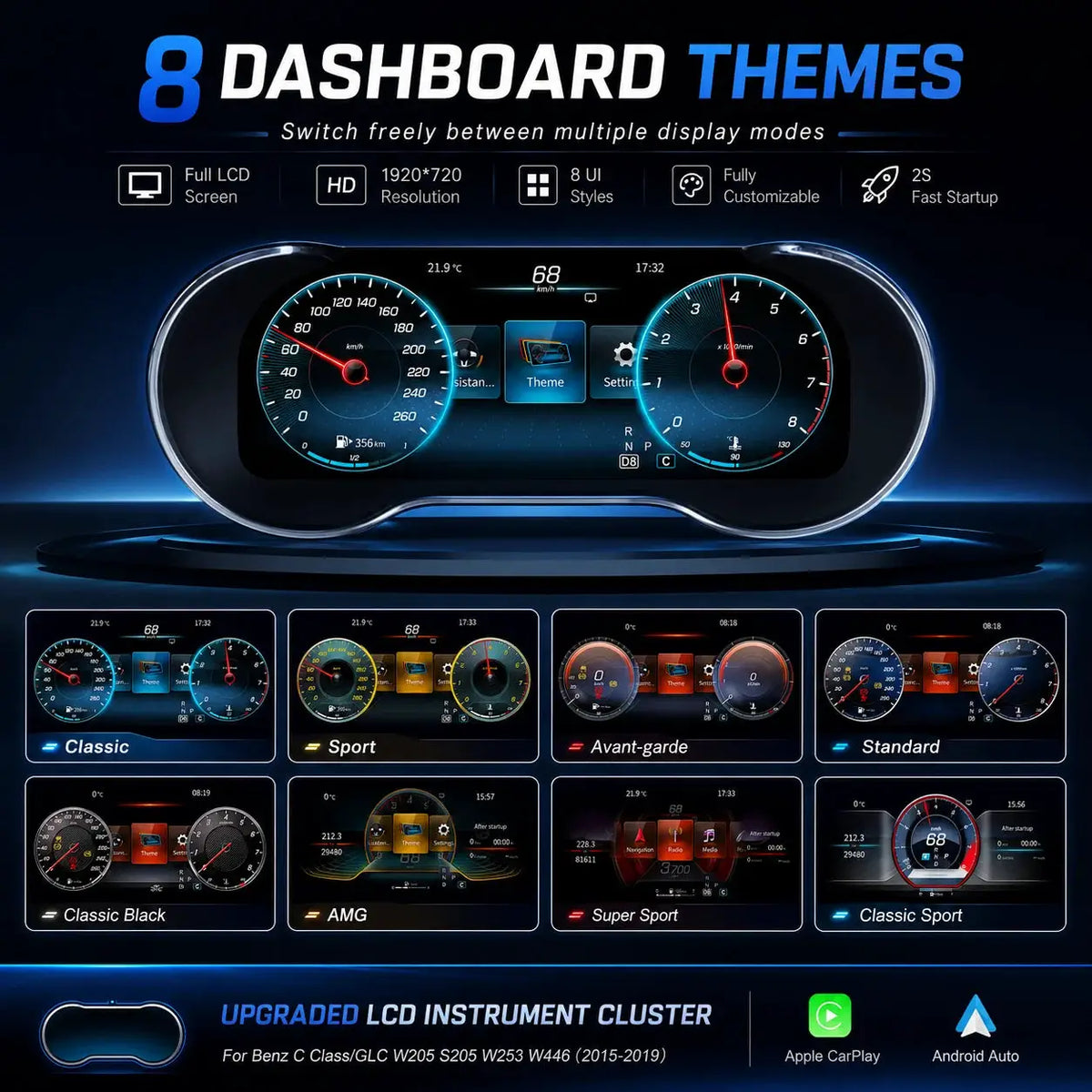 AUTOABC 12.3 "LCD Digital Dashboard Cluster Wireless CarPlay Android Auto For Mercedes Benz C/GLC W205 S205 W253 W446 2015-2020 by InterCyprus Trading Ltd