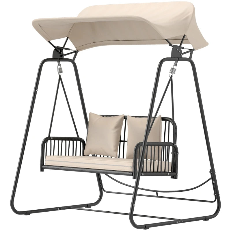 Khaki Rattan Two Seater Garden Swing With Adjustable Canopy
