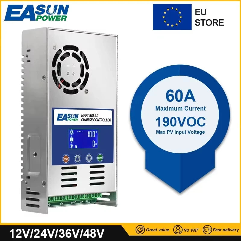 60A MPPT Saulės Įkrovimo ir Iškrovimo Valdiklis 12 24 36 48V Auto, Max PV 190V, Lead Acid and Lithium Compatible